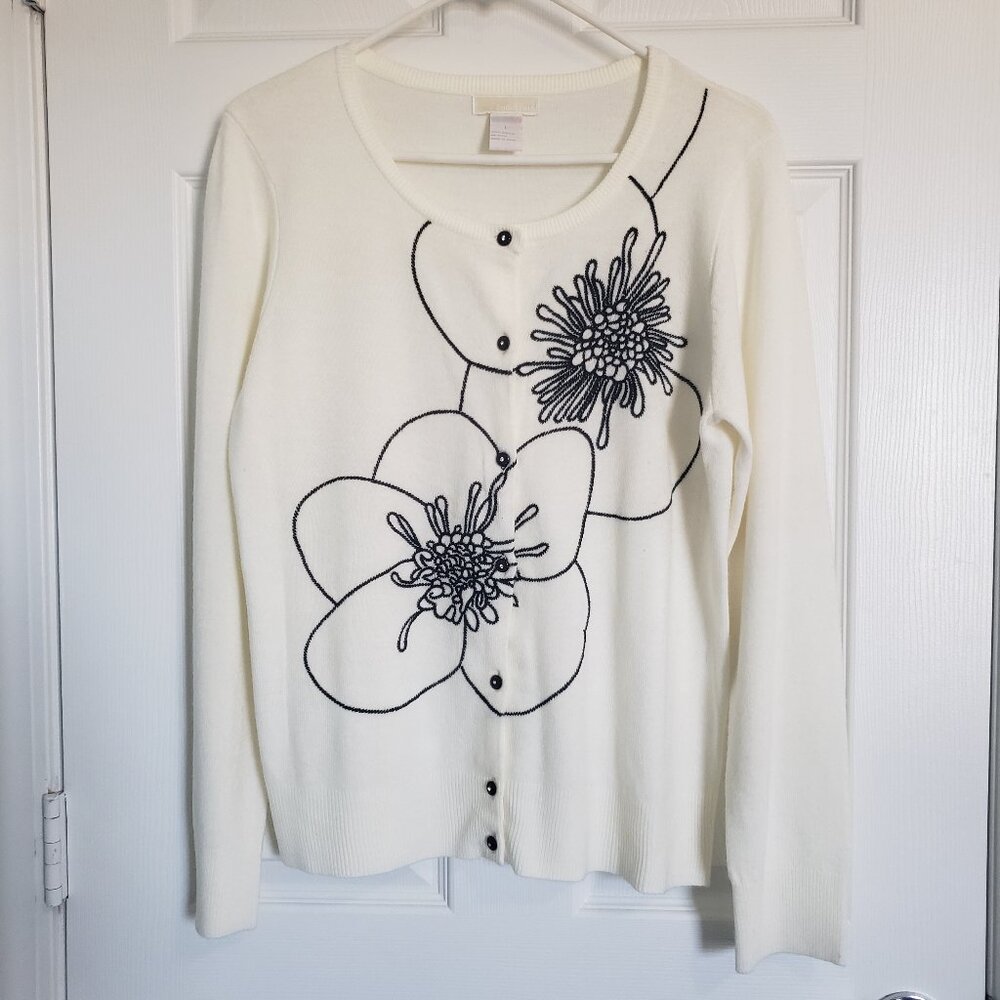 Christina Cardigan Sweater Button Up Size M Rhinestone Embroidered Floral Demure